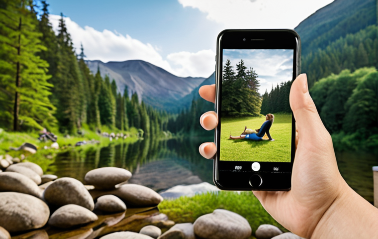 **Tech-Enabled Mental Wellness:** A person using a smartphone app featuring CBT (Cognitive Behavioral Therapy) exercises. The background shows a serene, natural setting, blending technology with nature for stress reduction. Focus on accessibility and user-friendliness.