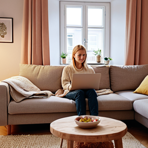 Home 6 **Prompt:** A cozy living room in a Swedish home. A woman is sitting comfortably on a sofa, having a video call with a therapist on her laptop. The atmosphere is warm and inviting, with soft lighting and Scandinavian-style decor. Emphasize the convenience and privacy of online therapy.