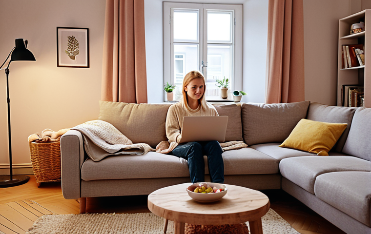 **Prompt:** A cozy living room in a Swedish home. A woman is sitting comfortably on a sofa, having a video call with a therapist on her laptop. The atmosphere is warm and inviting, with soft lighting and Scandinavian-style decor. Emphasize the convenience and privacy of online therapy.